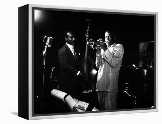 Miles Davis (C) with Oscar Pettiford and Bud Powell, Birdland, 1949-null-Framed Stretched Canvas