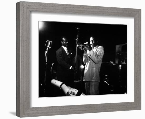 Miles Davis (C) with Oscar Pettiford and Bud Powell, Birdland, 1949-null-Framed Photo