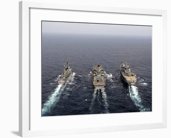 Military Ships Conduct An Underway Replenishment in the Pacific Ocean-Stocktrek Images-Framed Photographic Print