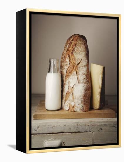 Milk Bottle, Bread and Cheese on a Wooden Cupboard-Joerg Lehmann-Framed Premier Image Canvas