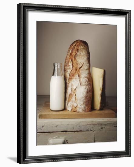 Milk Bottle, Bread and Cheese on a Wooden Cupboard-Joerg Lehmann-Framed Photographic Print