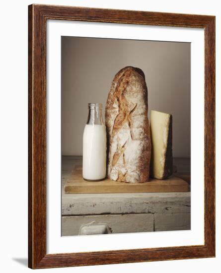 Milk Bottle, Bread and Cheese on a Wooden Cupboard-Joerg Lehmann-Framed Photographic Print