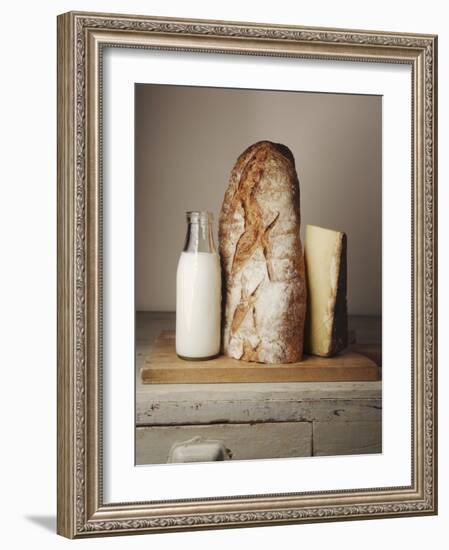 Milk Bottle, Bread and Cheese on a Wooden Cupboard-Joerg Lehmann-Framed Photographic Print