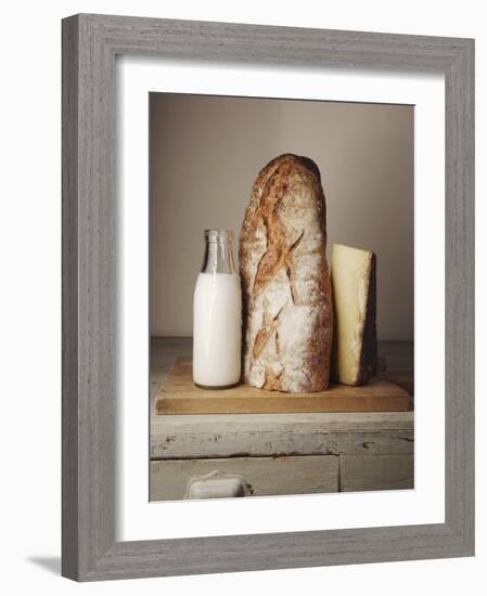 Milk Bottle, Bread and Cheese on a Wooden Cupboard-Joerg Lehmann-Framed Photographic Print