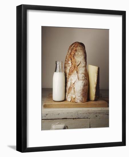 Milk Bottle, Bread and Cheese on a Wooden Cupboard-Joerg Lehmann-Framed Photographic Print