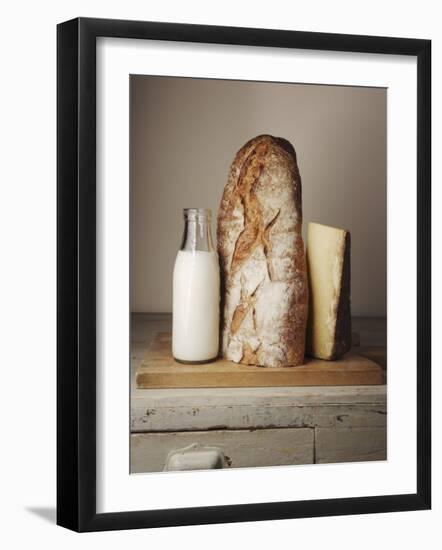 Milk Bottle, Bread and Cheese on a Wooden Cupboard-Joerg Lehmann-Framed Photographic Print