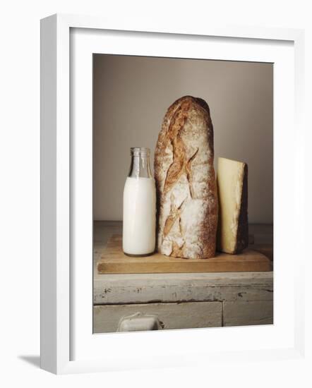 Milk Bottle, Bread and Cheese on a Wooden Cupboard-Joerg Lehmann-Framed Photographic Print