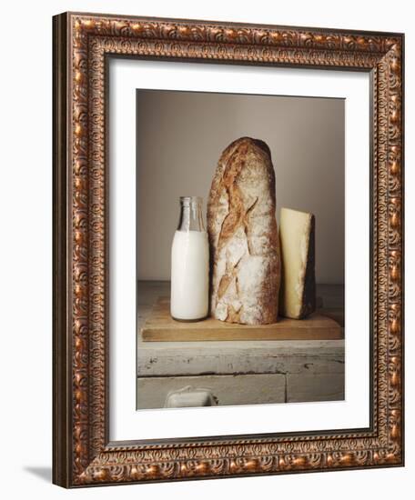 Milk Bottle, Bread and Cheese on a Wooden Cupboard-Joerg Lehmann-Framed Photographic Print