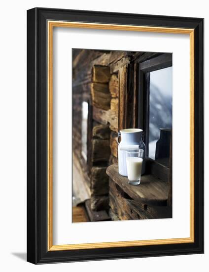 Milk Can and Glass of Milk on Window Sill of Alpine Chalet-Sabine Mader-Framed Photographic Print