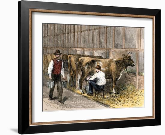 Milking-Time in a Dairy Barn, c.1870-null-Framed Giclee Print