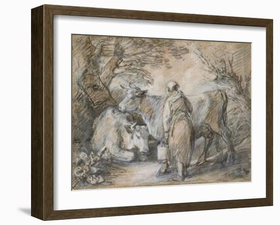 Milkmaid with Two Cows (Black Chalk and Stump Heightened with White-Thomas Gainsborough-Framed Giclee Print