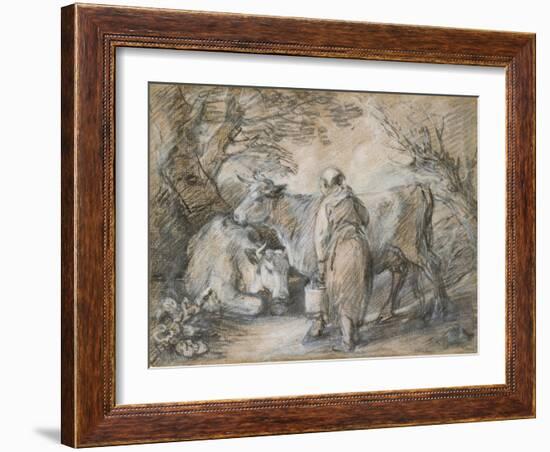Milkmaid with Two Cows (Black Chalk and Stump Heightened with White-Thomas Gainsborough-Framed Giclee Print