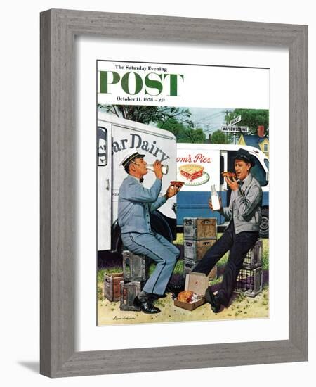 "Milkman Meets Pieman" Saturday Evening Post Cover, October 11, 1958-Stevan Dohanos-Framed Giclee Print