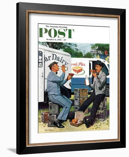 "Milkman Meets Pieman" Saturday Evening Post Cover, October 11, 1958-Stevan Dohanos-Framed Giclee Print