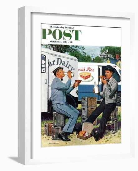 "Milkman Meets Pieman" Saturday Evening Post Cover, October 11, 1958-Stevan Dohanos-Framed Giclee Print