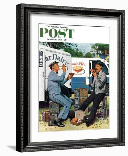 "Milkman Meets Pieman" Saturday Evening Post Cover, October 11, 1958-Stevan Dohanos-Framed Giclee Print