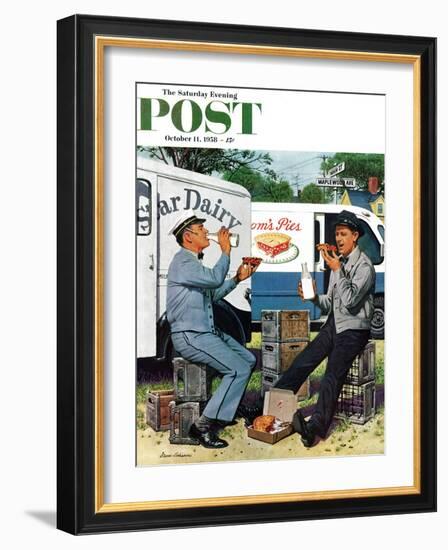 "Milkman Meets Pieman" Saturday Evening Post Cover, October 11, 1958-Stevan Dohanos-Framed Giclee Print