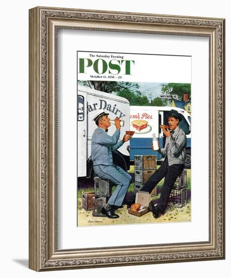 "Milkman Meets Pieman" Saturday Evening Post Cover, October 11, 1958-Stevan Dohanos-Framed Giclee Print