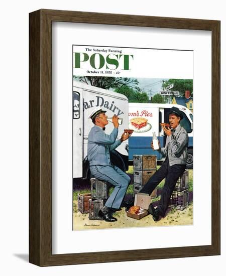 "Milkman Meets Pieman" Saturday Evening Post Cover, October 11, 1958-Stevan Dohanos-Framed Giclee Print