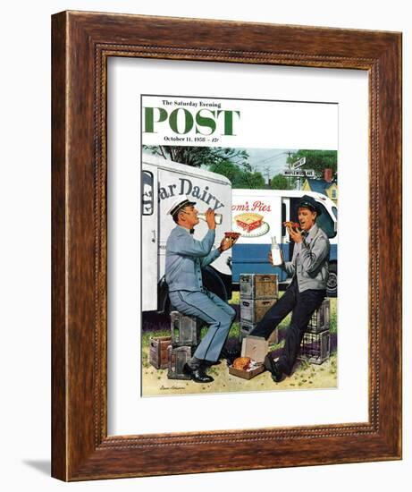 "Milkman Meets Pieman" Saturday Evening Post Cover, October 11, 1958-Stevan Dohanos-Framed Giclee Print