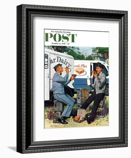 "Milkman Meets Pieman" Saturday Evening Post Cover, October 11, 1958-Stevan Dohanos-Framed Giclee Print