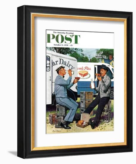 "Milkman Meets Pieman" Saturday Evening Post Cover, October 11, 1958-Stevan Dohanos-Framed Giclee Print