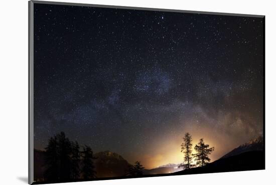 Milky Way over 2 Larches in Mieming View to Innsbruck and its Light Pollution-Niki Haselwanter-Mounted Photographic Print