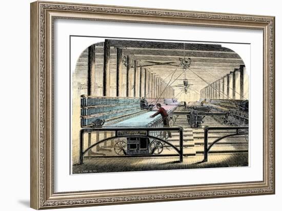 Mill Worker Tending Mule-Spinners, an Industrial Textile Machine, c.1800-null-Framed Giclee Print