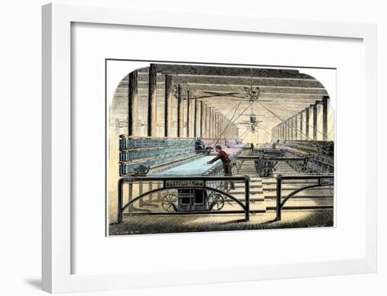 Mill Worker Tending Mule-Spinners, an Industrial Textile Machine, c.1800-null-Framed Giclee Print