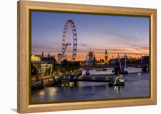 Millenium Wheel (London Eye) with Big Ben on the skyline beyond at sunset, London, England, United -Charles Bowman-Framed Premier Image Canvas