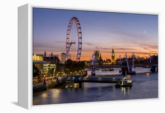 Millenium Wheel (London Eye) with Big Ben on the skyline beyond at sunset, London, England, United -Charles Bowman-Framed Premier Image Canvas