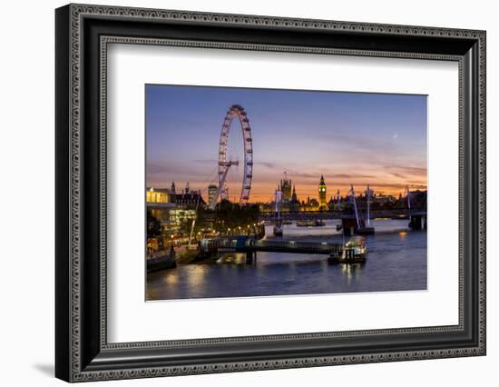 Millenium Wheel (London Eye) with Big Ben on the skyline beyond at sunset, London, England, United -Charles Bowman-Framed Photographic Print