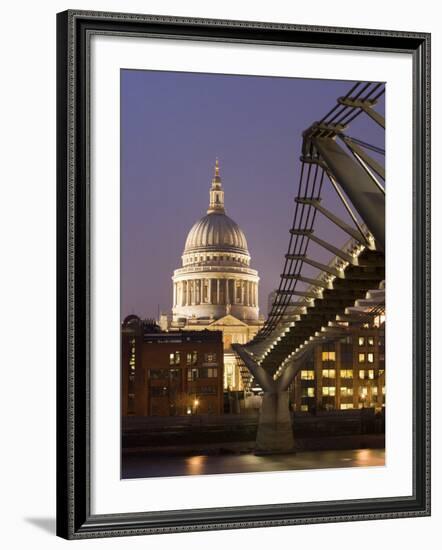 Millennium Bridge and St. Pauls Cathedral, Illuminated at Dusk, London, England, United Kingdom-Gavin Hellier-Framed Photographic Print