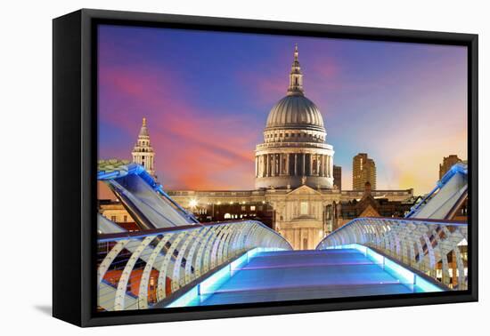Millennium Bridge Leads to Saint Paul's Cathedral in Central London at Night-TTstudio-Framed Premier Image Canvas