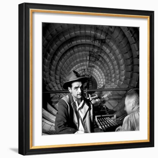 Millionaire Howard Hughes in Cockpit of Huge Sea Plane, Spruce Goose, Which He Designed and Built-J^ R^ Eyerman-Framed Premium Photographic Print