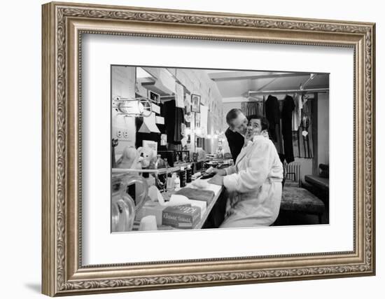 Milton Berle Kissing Buddy Hackett Backstage at before Comedy Performance, Las Vegas, Nv, 1965-Yale Joel-Framed Photographic Print