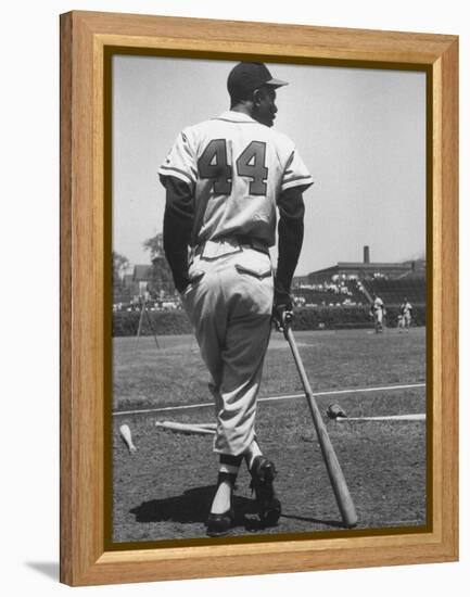 Milwaukee Braves Hank Aaron Leaning on Bat During Baseball Game-George Silk-Framed Premier Image Canvas