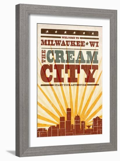 Milwaukee, Wisconsin - Skyline and Sunburst Screenprint Style-Lantern Press-Framed Art Print