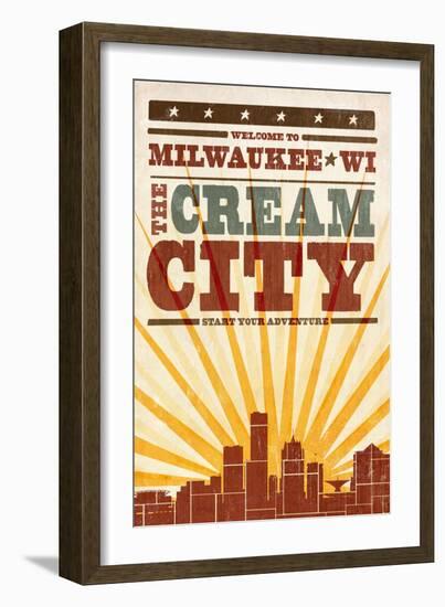 Milwaukee, Wisconsin - Skyline and Sunburst Screenprint Style-Lantern Press-Framed Art Print
