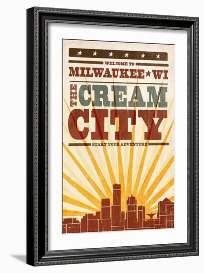 Milwaukee, Wisconsin - Skyline and Sunburst Screenprint Style-Lantern Press-Framed Art Print