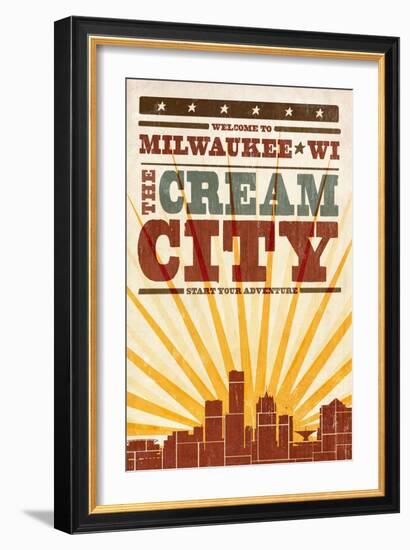 Milwaukee, Wisconsin - Skyline and Sunburst Screenprint Style-Lantern Press-Framed Art Print