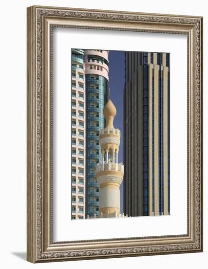 Minaret below Skyscrapers in Dubai-Jon Hicks-Framed Photographic Print