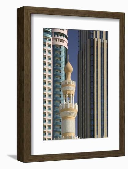 Minaret below Skyscrapers in Dubai-Jon Hicks-Framed Photographic Print