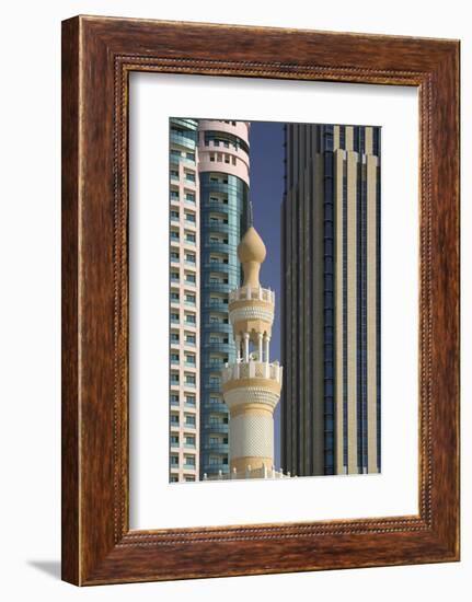 Minaret below Skyscrapers in Dubai-Jon Hicks-Framed Photographic Print