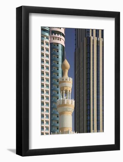 Minaret below Skyscrapers in Dubai-Jon Hicks-Framed Photographic Print