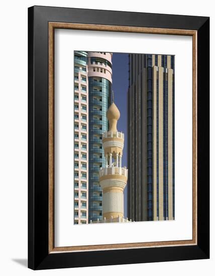 Minaret below Skyscrapers in Dubai-Jon Hicks-Framed Photographic Print