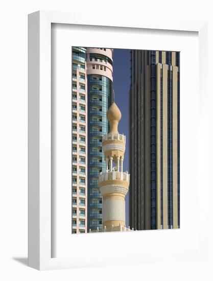 Minaret below Skyscrapers in Dubai-Jon Hicks-Framed Photographic Print