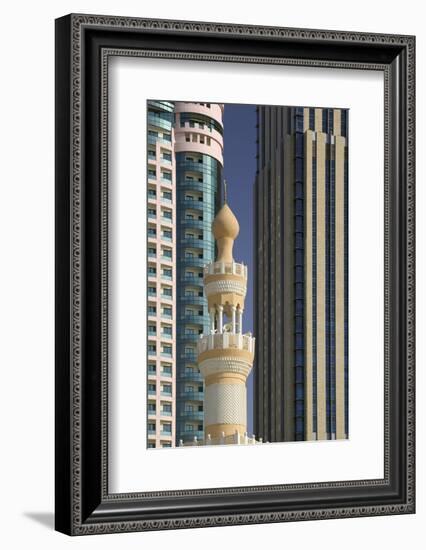 Minaret below Skyscrapers in Dubai-Jon Hicks-Framed Photographic Print