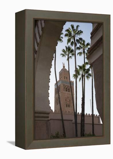 Minaret of Koutoubia Mosque with Palm Trees, UNESCO World Heritage Site, Marrakesh, Morocco-Stephen Studd-Framed Premier Image Canvas