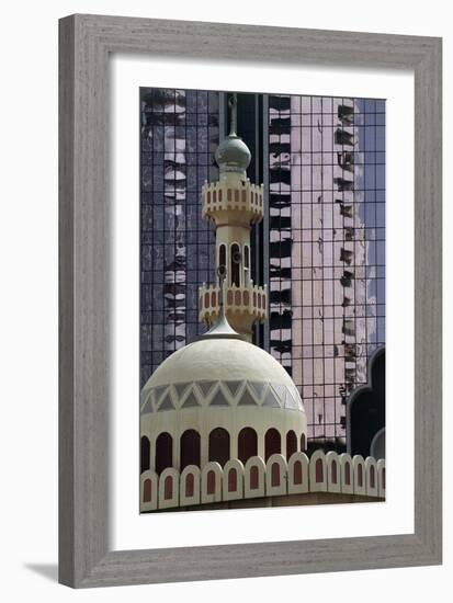 Minaret with Skyscraper in Background, Abu Dhabi, United Arab Emirates-null-Framed Giclee Print